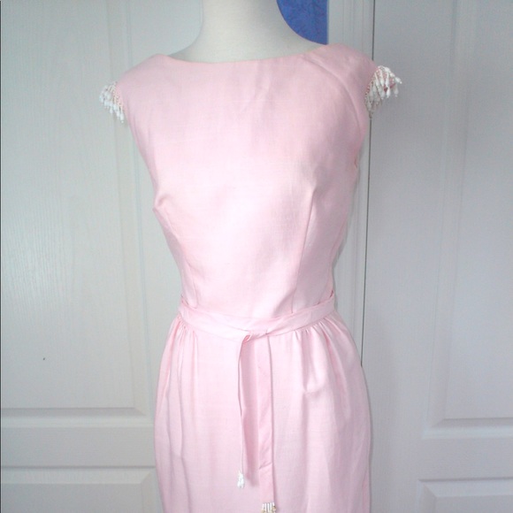 Vintage 60s Rene PINK Fitted Wiggle Dress BEADS Sm - Picture 2 of 16
